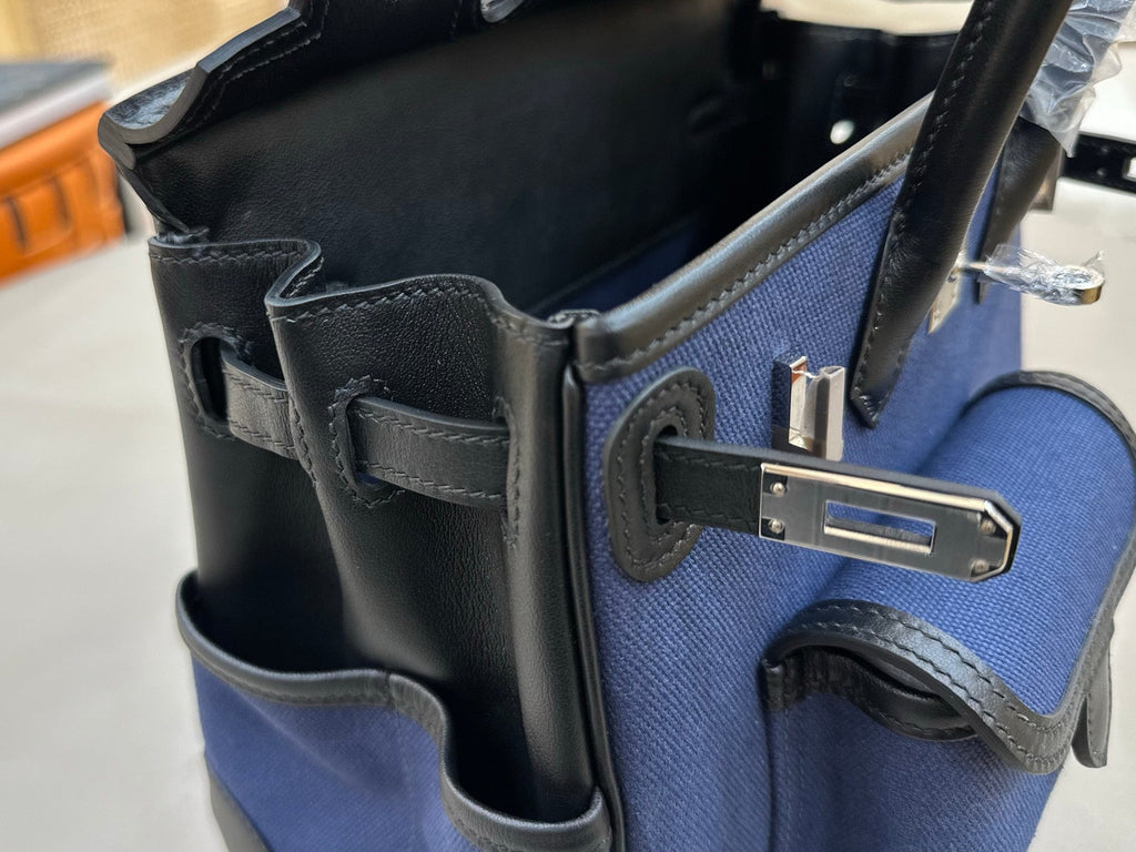 HM 25S BIRKIN CARGO 25 CM IN NAVY BLUE CANVAS AND BLACK SWIFT WITH SILVER HARDWARE