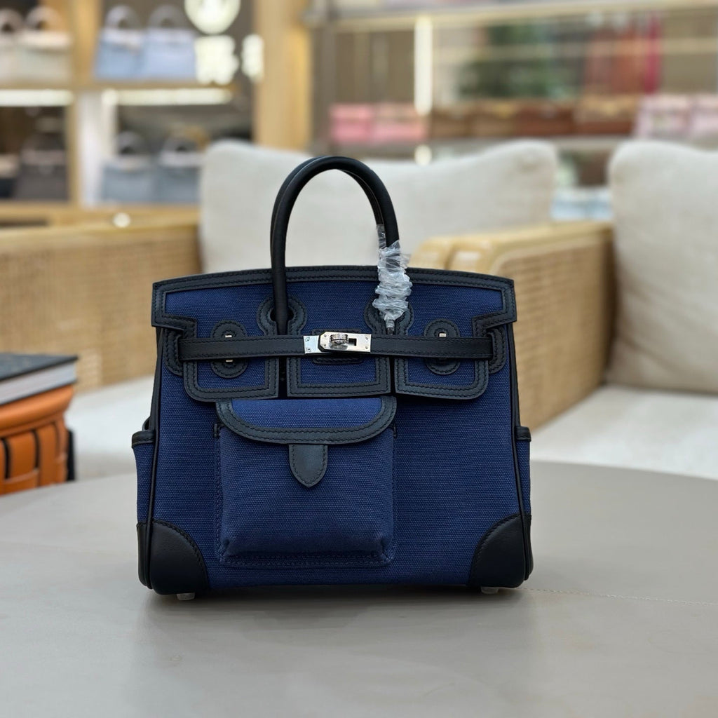 HM 25S BIRKIN CARGO 25 CM IN NAVY BLUE CANVAS AND BLACK SWIFT WITH SILVER HARDWARE