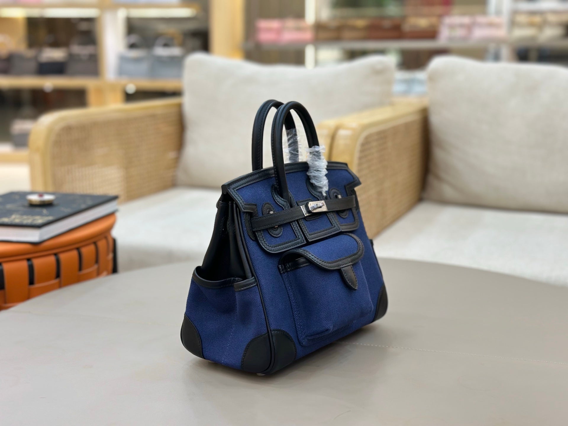 HM 25S BIRKIN CARGO 25 CM IN NAVY BLUE CANVAS AND BLACK SWIFT WITH SILVER HARDWARE