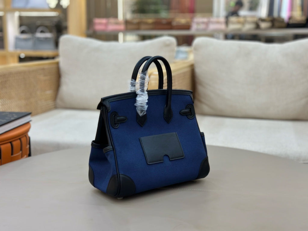HM 25S BIRKIN CARGO 25 CM IN NAVY BLUE CANVAS AND BLACK SWIFT WITH SILVER HARDWARE