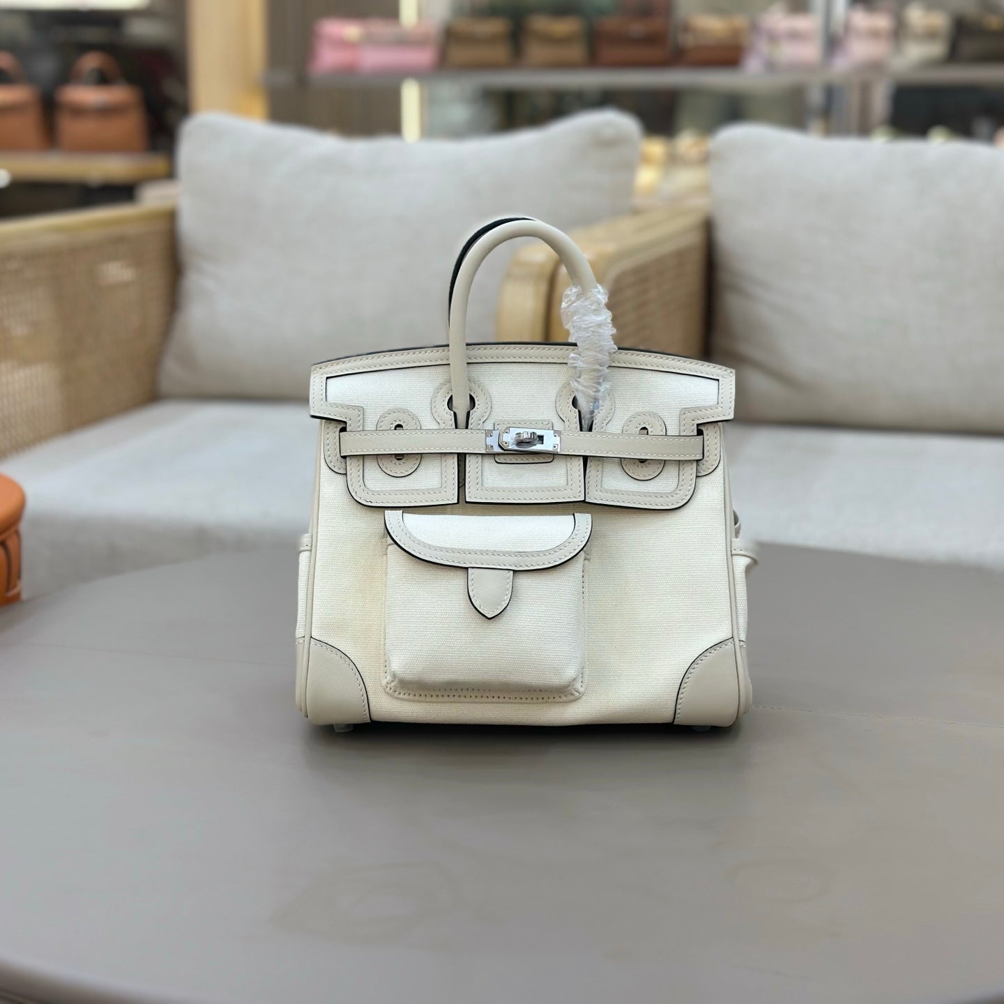 HM 25S BIRKIN CARGO 25 CM IN CREAM WHITE CANVAS AND SWIFT WITH SILVER HARDWARE