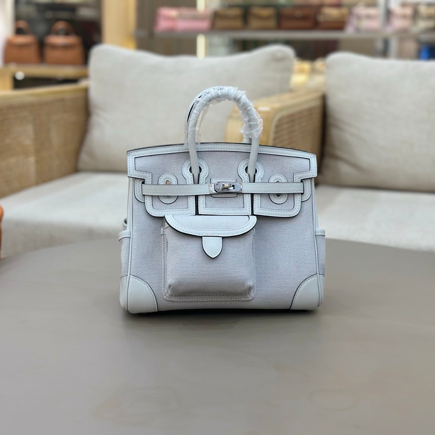 HM 25S BIRKIN CARGO 25 CM IN LIGHT STEEL BLUE CANVAS AND SWIFT WITH SILVER HARDWARE