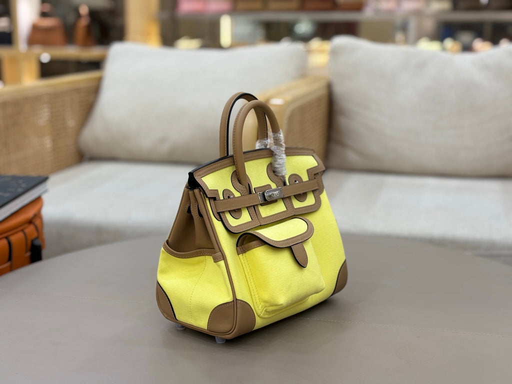 HM 25S BIRKIN CARGO 25 CM IN YELLOW CANVAS AND BROWN SWIFT WITH SILVER HARDWARE