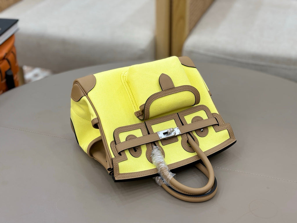 HM 25S BIRKIN CARGO 25 CM IN YELLOW CANVAS AND BROWN SWIFT WITH SILVER HARDWARE