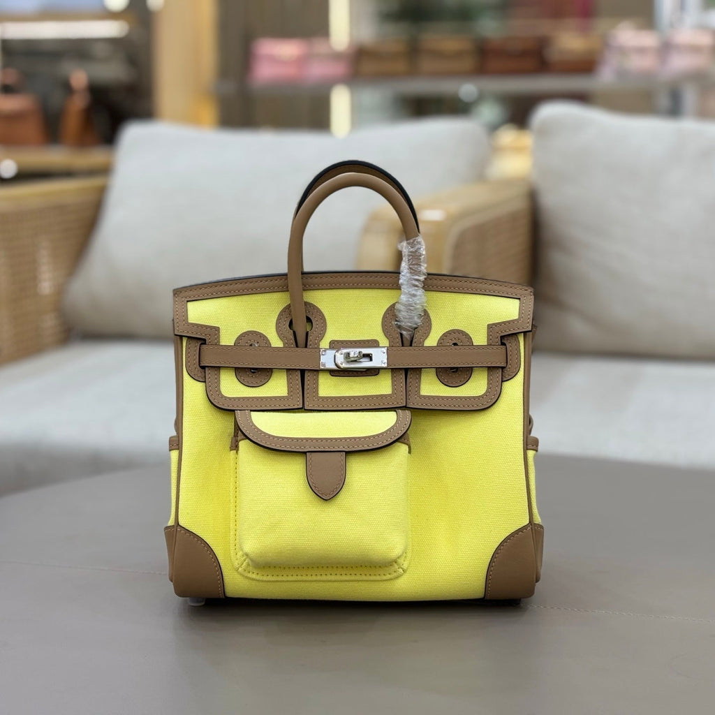 HM 25S BIRKIN CARGO 25 CM IN YELLOW CANVAS AND BROWN SWIFT WITH SILVER HARDWARE