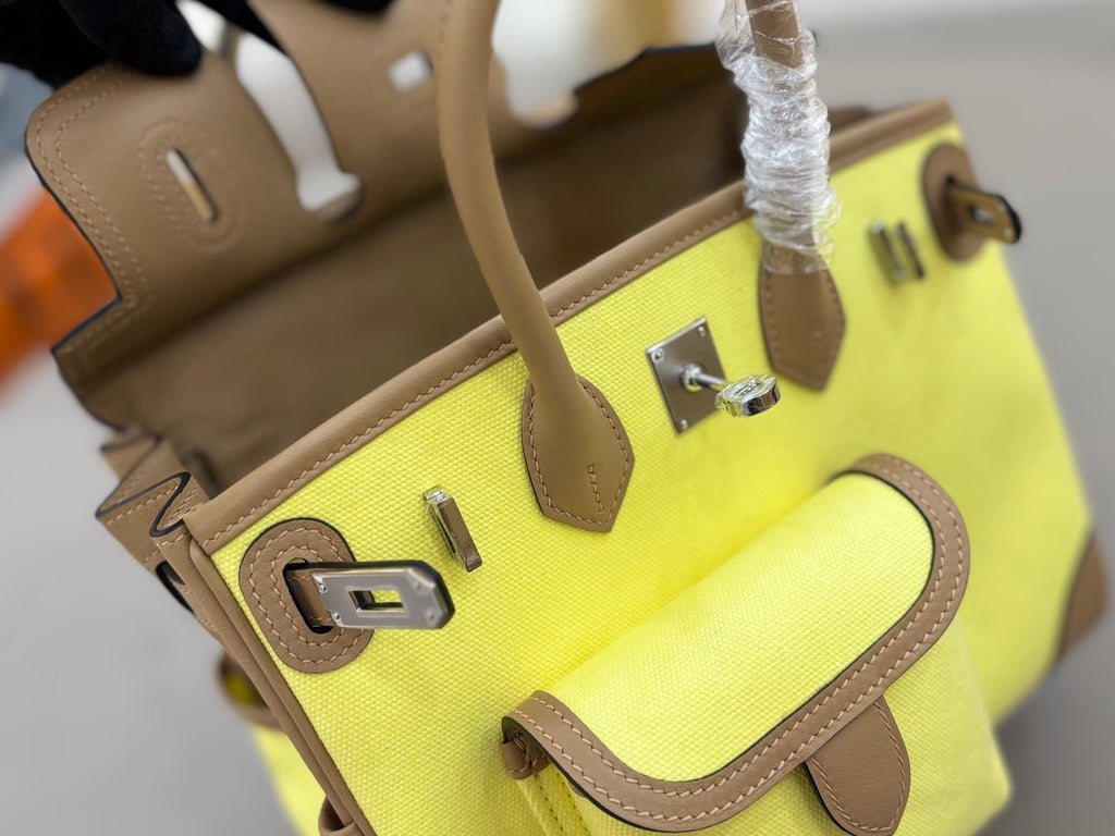 HM 25S BIRKIN CARGO 25 CM IN YELLOW CANVAS AND BROWN SWIFT WITH SILVER HARDWARE