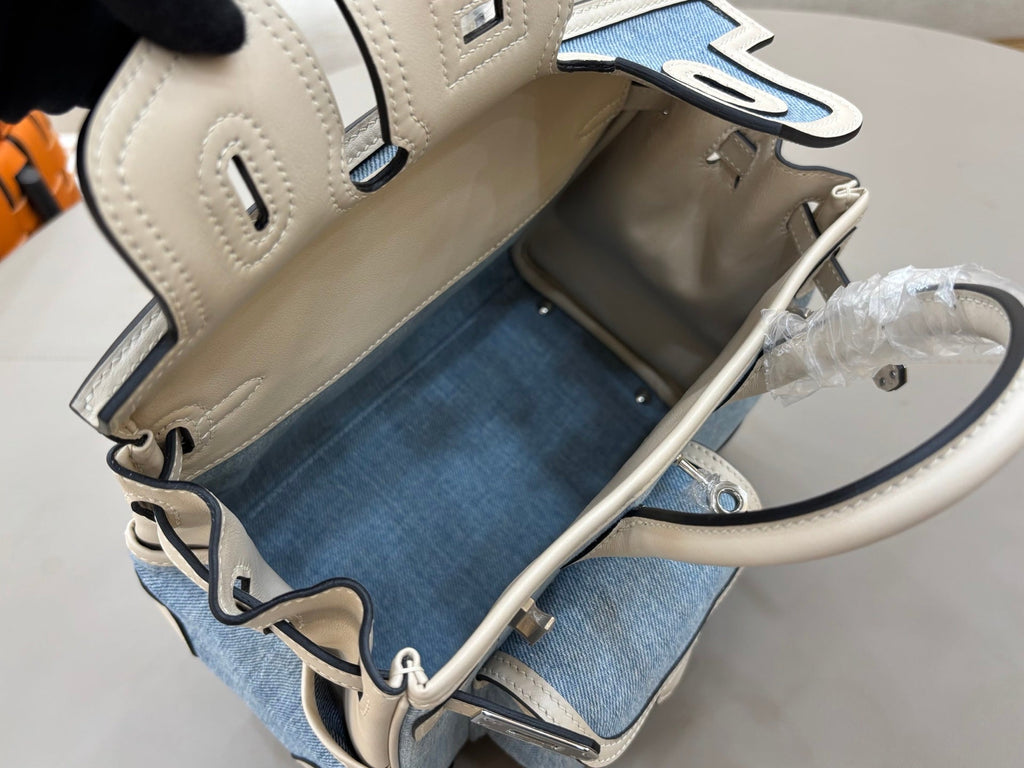 HM 25S BIRKIN CARGO 25 CM IN BLUE DENIM AND CREAM WHITE SWIFT WITH SILVER HARDWARE