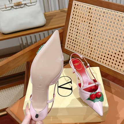 VALENTINO 26S SLINGBACKS 45 MM IN LIGHT PINK CALFSKIN CHERRY DETAILS