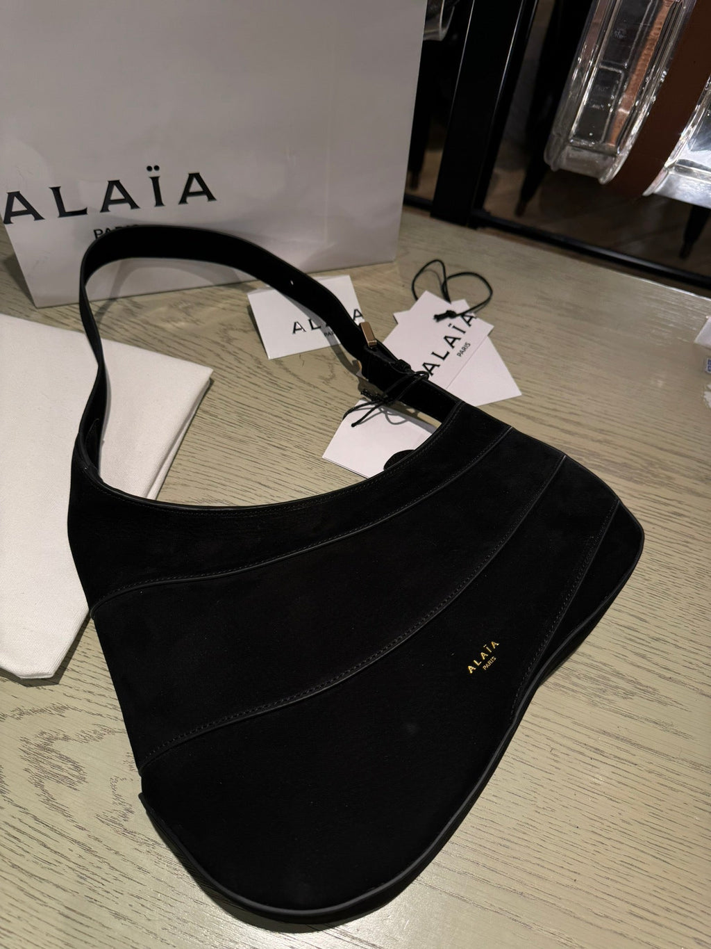 WAVE HOBO BAG 29 IN BLACK SUEDE