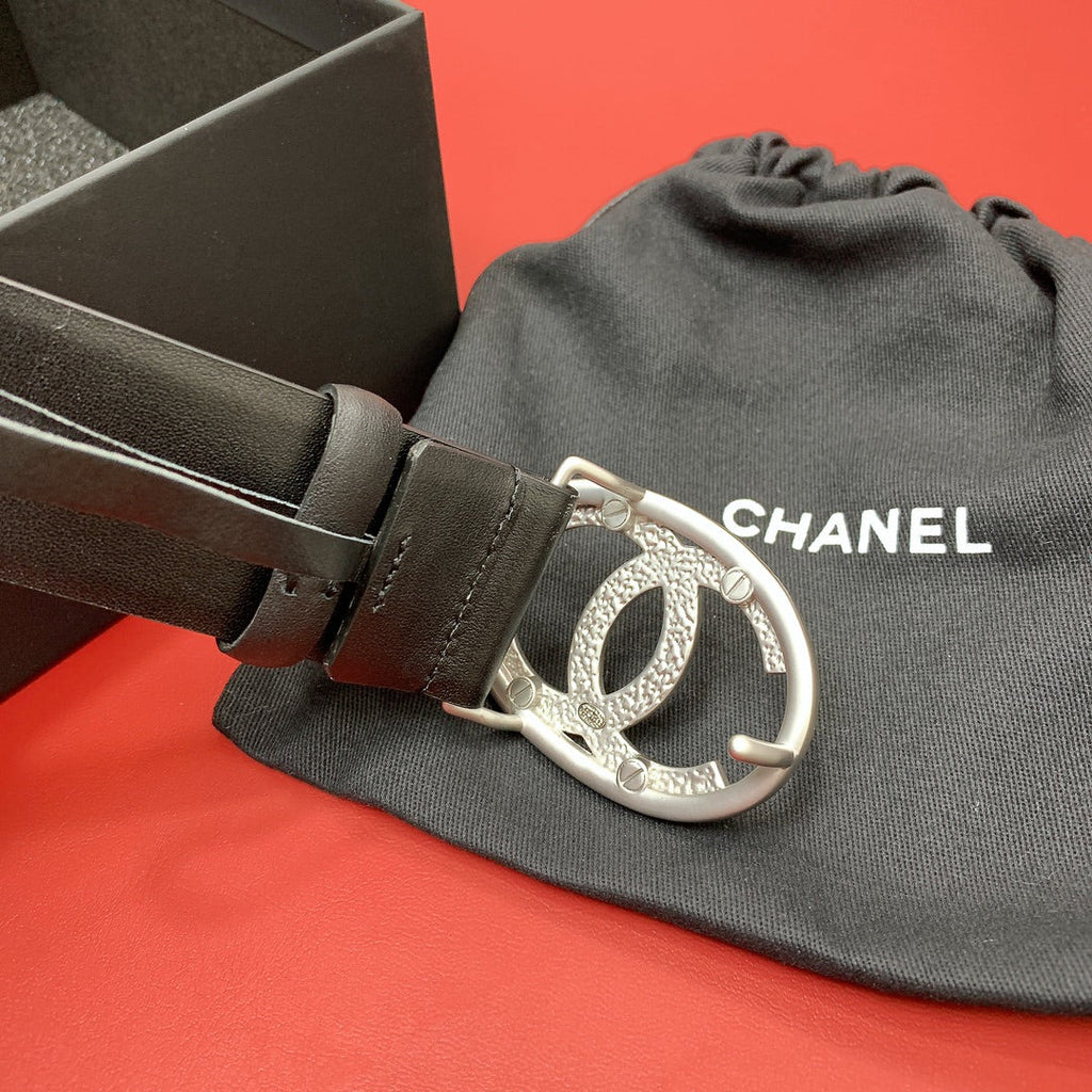 CC 40 MM CIRCLE BUCKLE BELT IN BLACK CALFSKIN WITH SILVER MIX BLACK HARDWARE