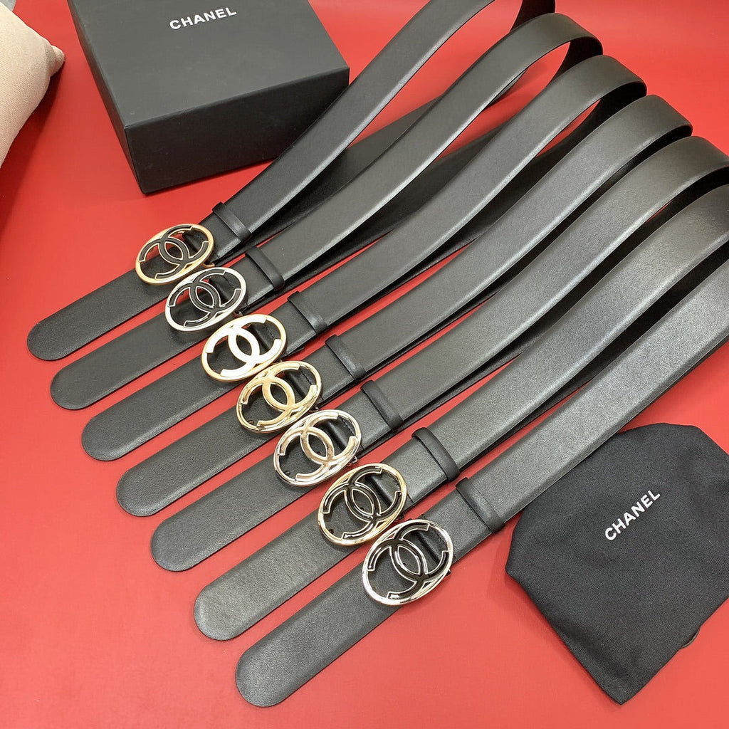 CC 40 MM CIRCLE BUCKLE BELT IN BLACK CALFSKIN WITH SILVER HARDWARE
