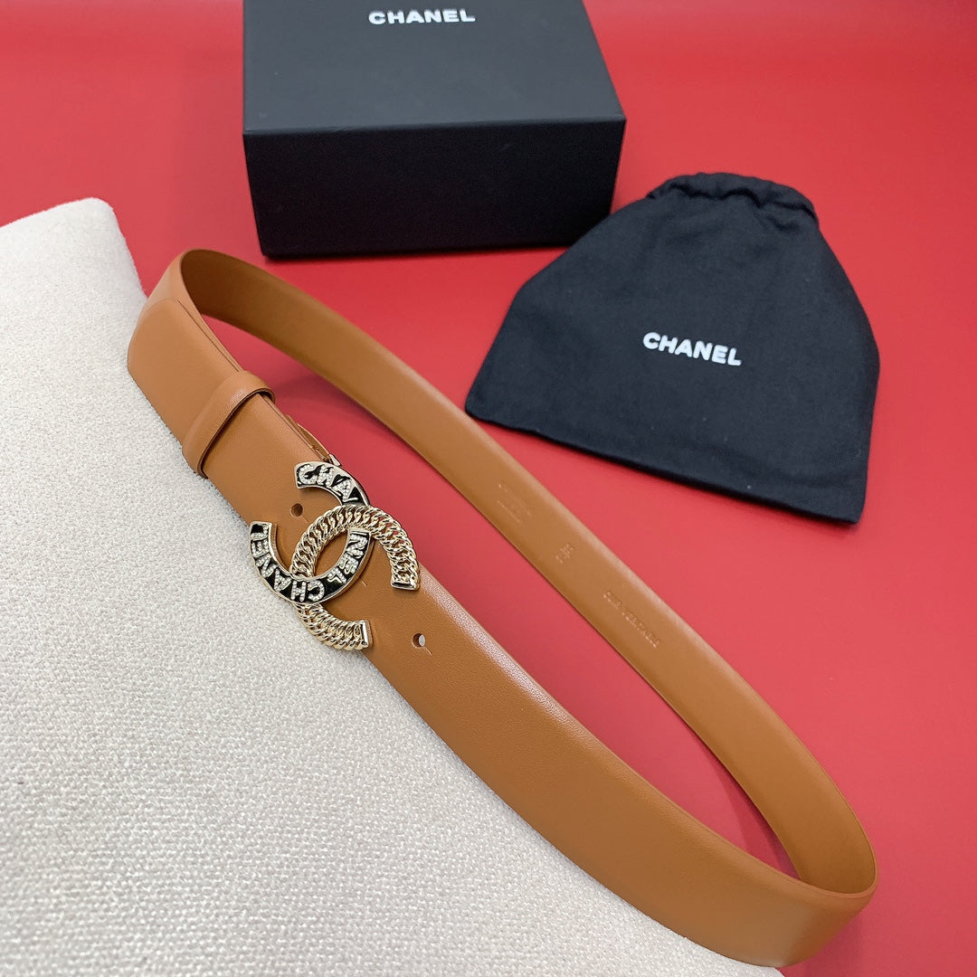 CC MEDIUM 30 MM BELT BRONZE BROWN CALFSKIN GOLD HARDWARE WITH LETTER