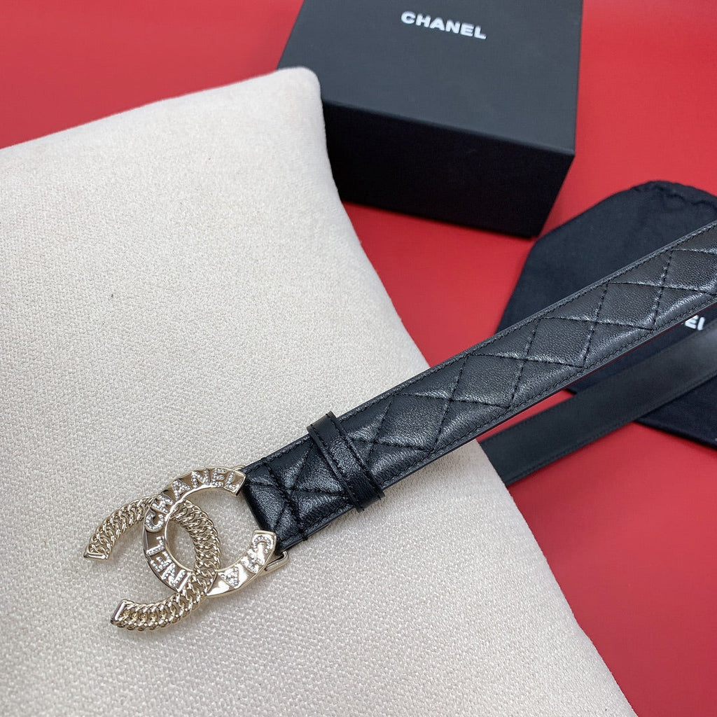 CC MEDIUM 30 MM BELT BLACK EMBROIDERED CALFSKIN GOLD HARDWARE WITH LETTER