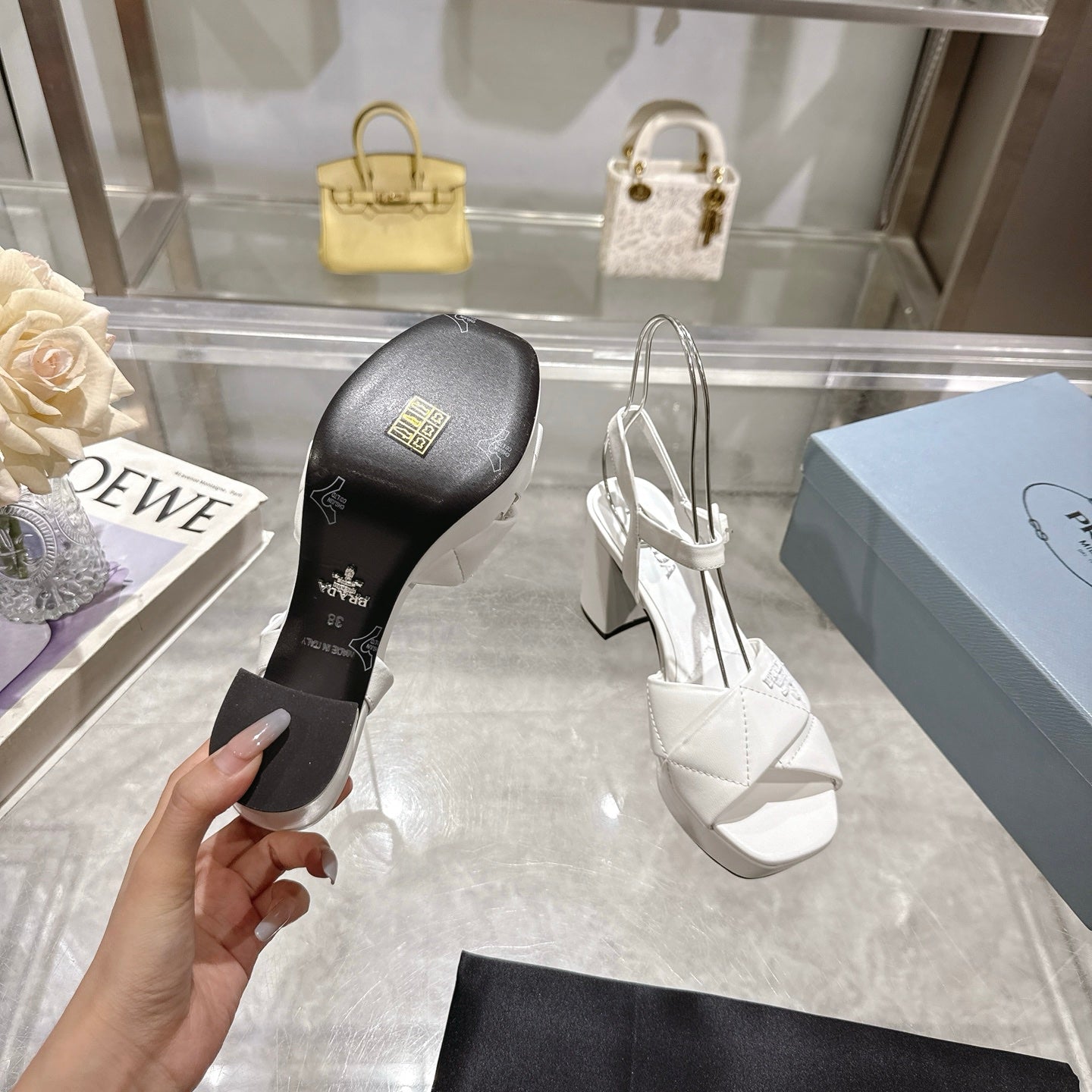 PRADA 25S HIGH-HEEL SANDALS 85 MM IN WHITE LAMBSKIN