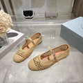 PRADA 26S LOGO PLAQUE MARY JANE FLATS IN BEIGE WOVEN FIBER