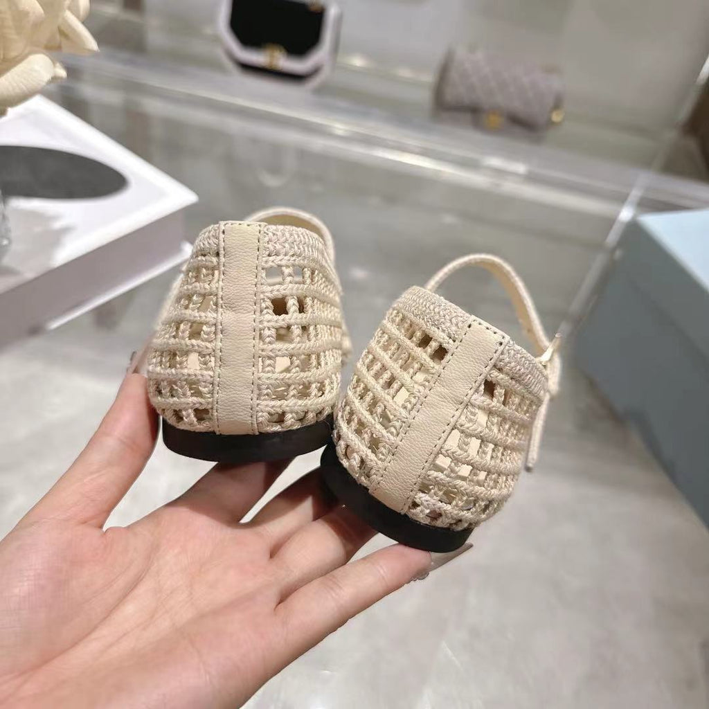 PRADA 26S LOGO PLAQUE MARY JANE FLATS IN CREAM WHITE WOVEN FIBER