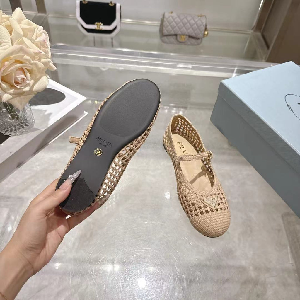 PRADA 26S LOGO PLAQUE MARY JANE FLATS IN NUDE BEIGE WOVEN FIBER