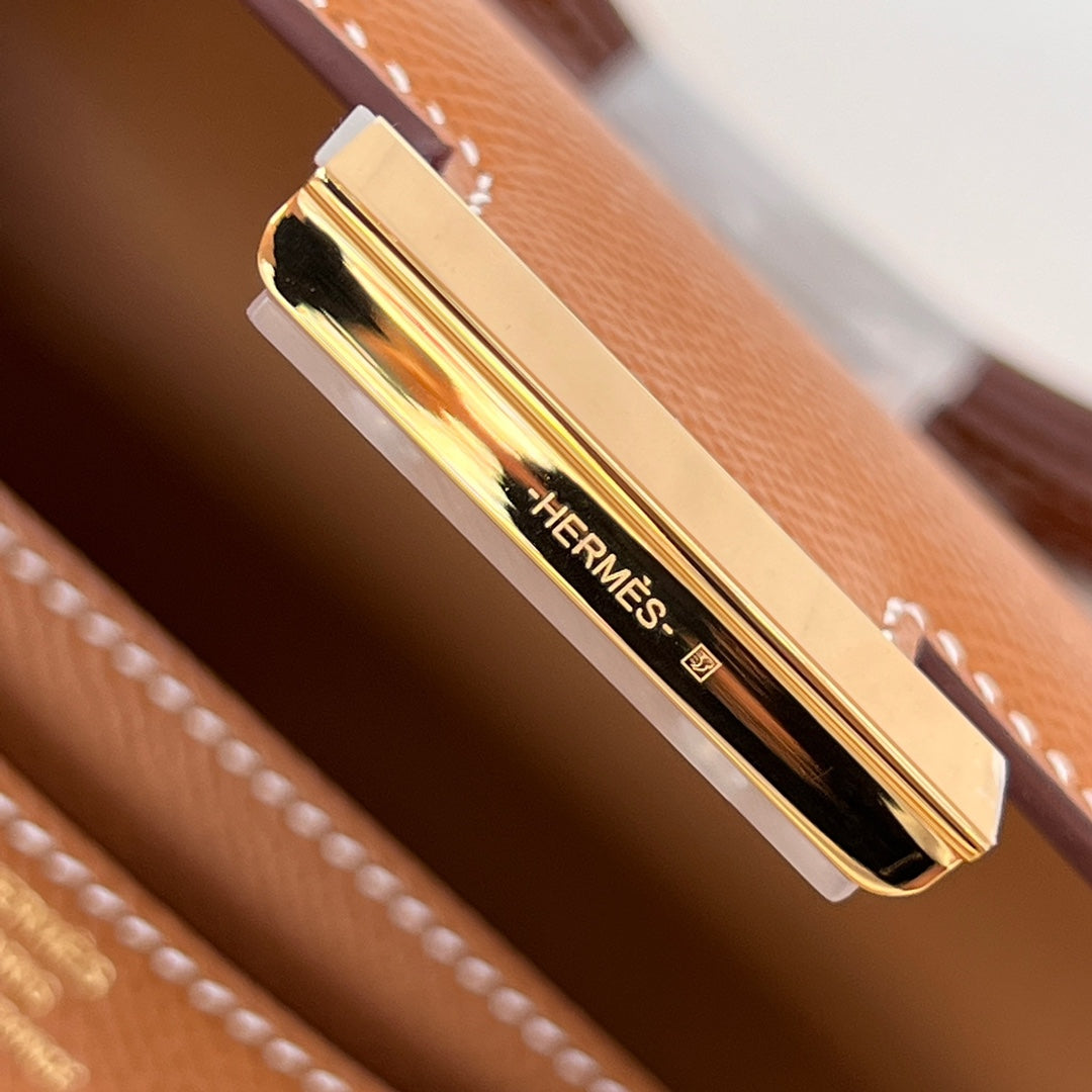 HM 25S CONSTANCE 19 CM IN CARAMEL BROWN  EPSOM WITH GOLD HARDWARE