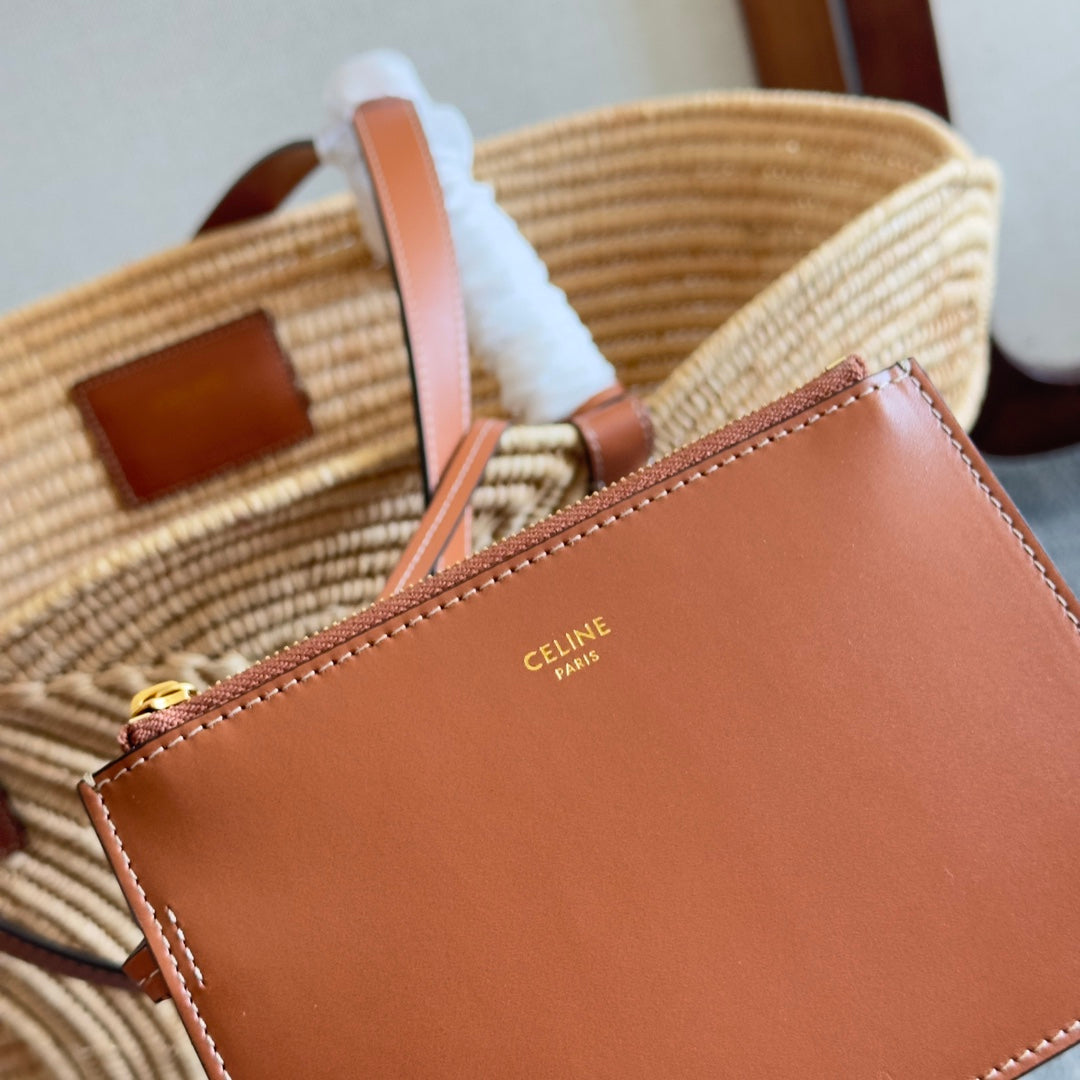 CLASSIC PANIER MEDIUM BRAIDED TRIOMPHE 47 IN BEIGE RAFFIA AND CALFSKIN