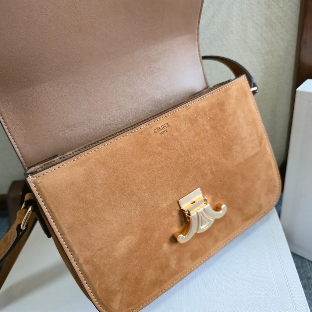 CELINE 26S TEEN TRIOMPHE BAG 22 IN LIGHT BROWN SUEDE