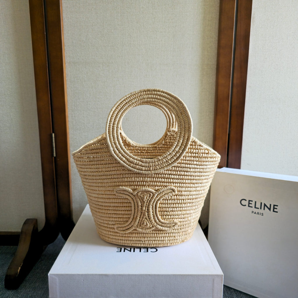 CELINE 26S HANDBAG BRAIDED PANIER 21 IN BEIGE RAFFIA