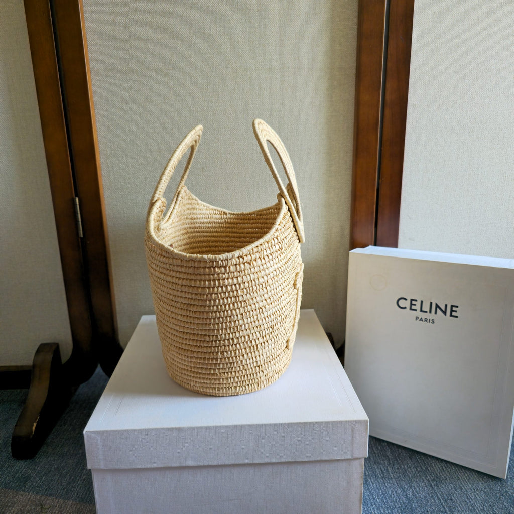 CELINE 26S HANDBAG BRAIDED PANIER 21 IN BEIGE RAFFIA