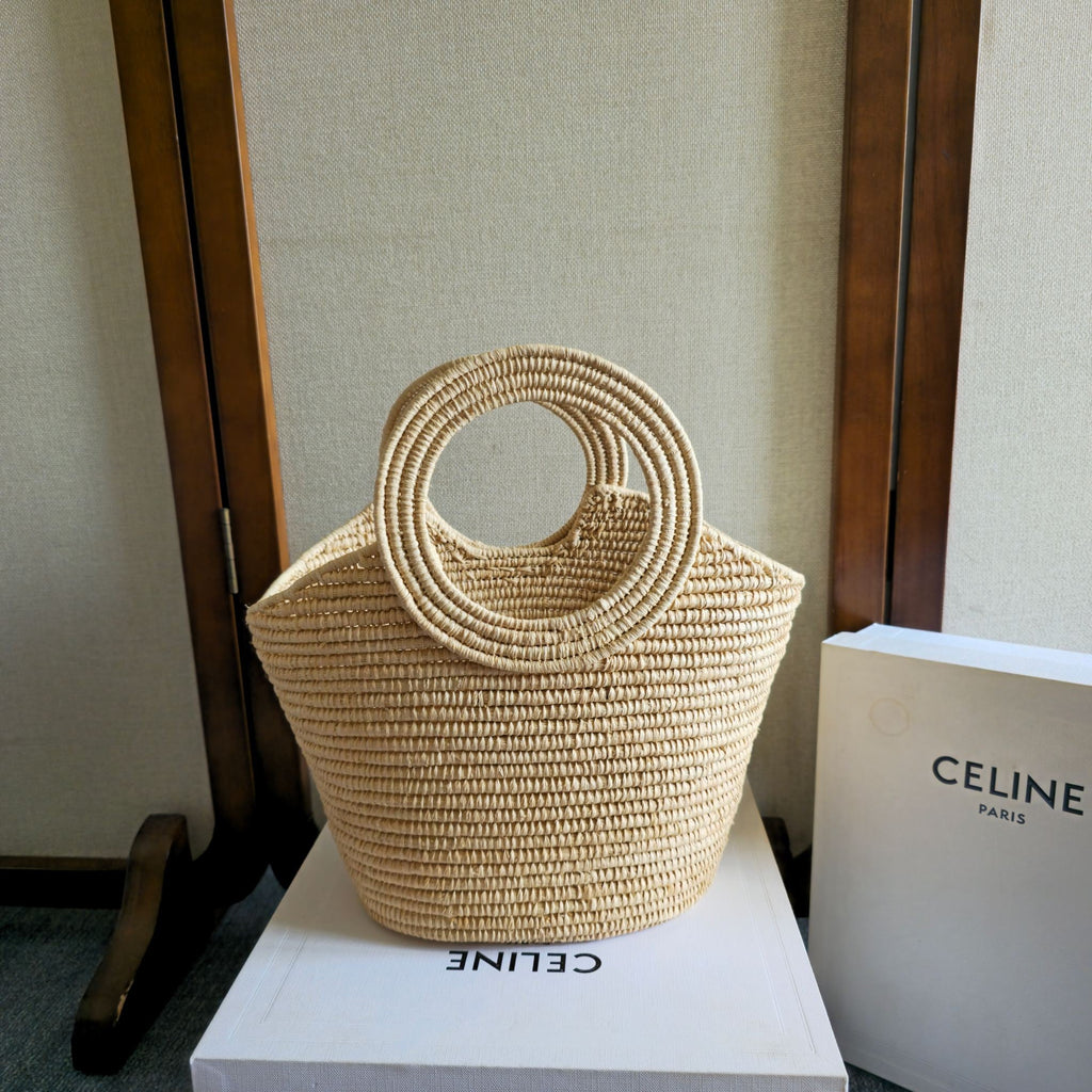 CELINE 26S HANDBAG BRAIDED PANIER 21 IN BEIGE RAFFIA