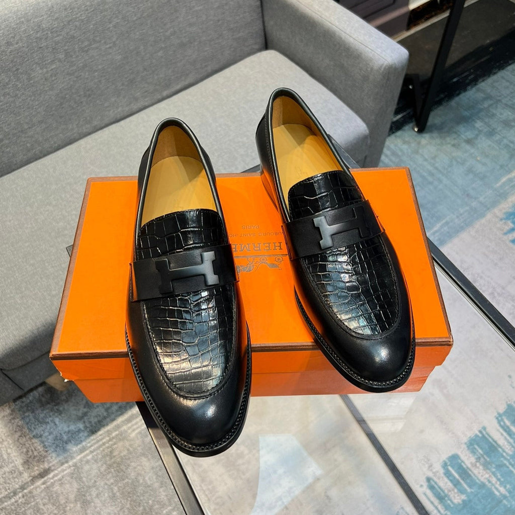 HM PARIS LOAFER BLACK CALFSKIN WITH CROCODILE MOTIF