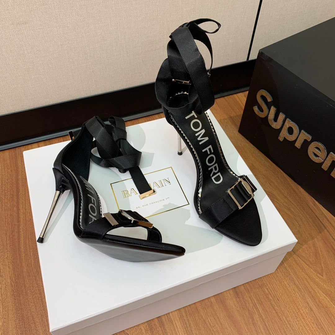 ANKLE SANDAL 10 CM IN BLACK SILK AND SHEEPSKIN