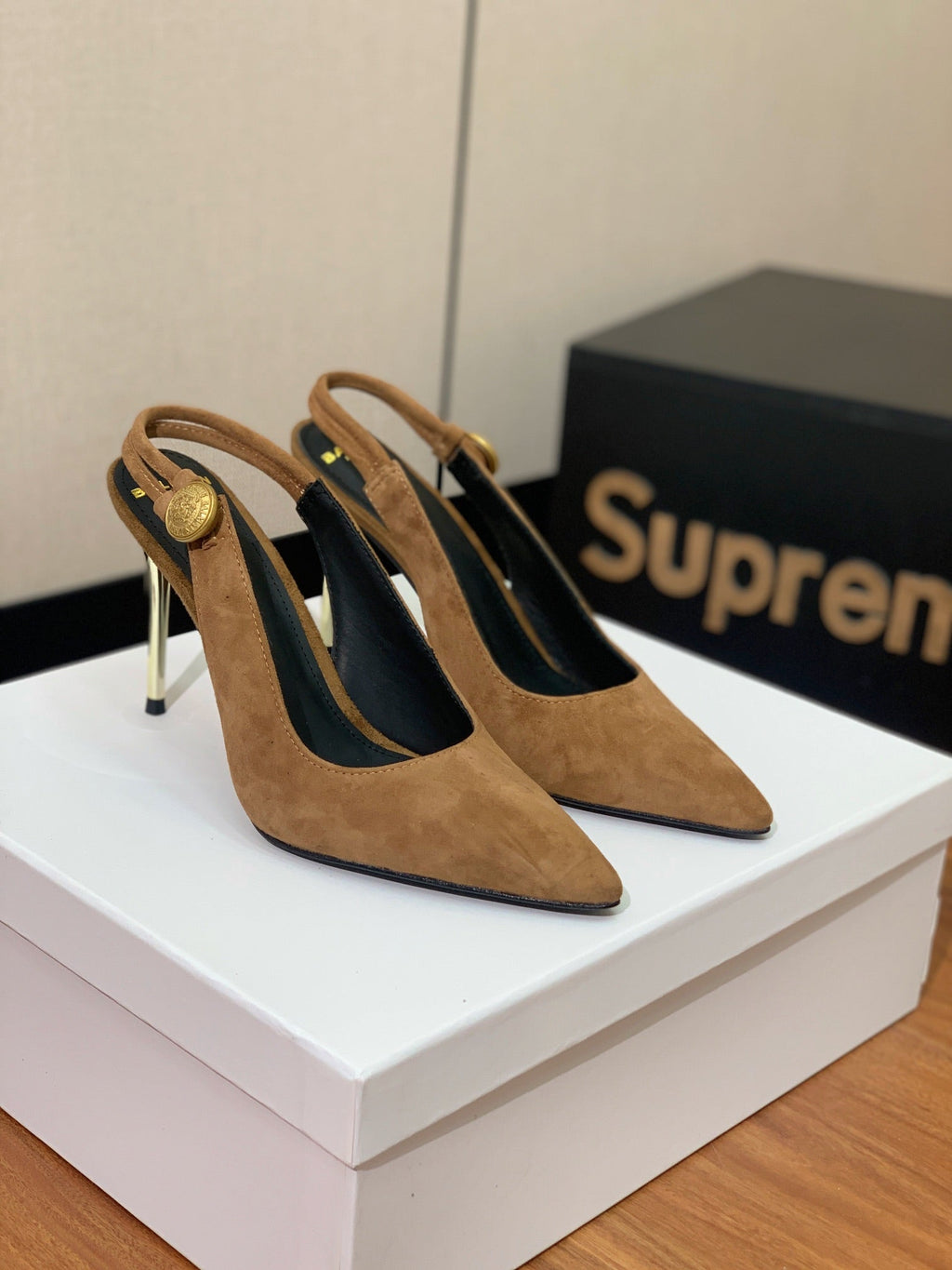 BALMAIN 26S SLINGBACK 95 MM IN BROWN SUEDE