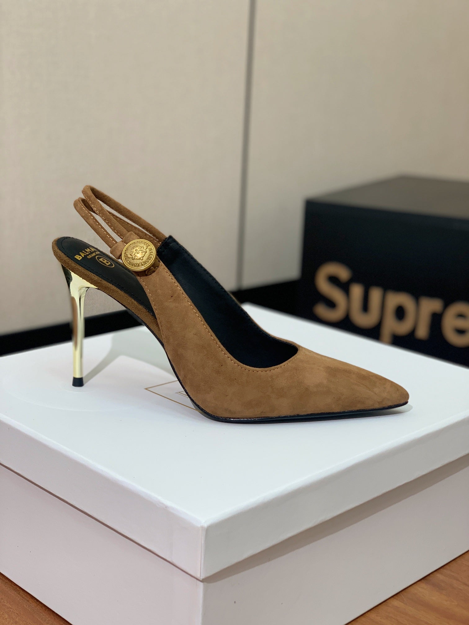 BALMAIN 26S SLINGBACK 95 MM IN BROWN SUEDE