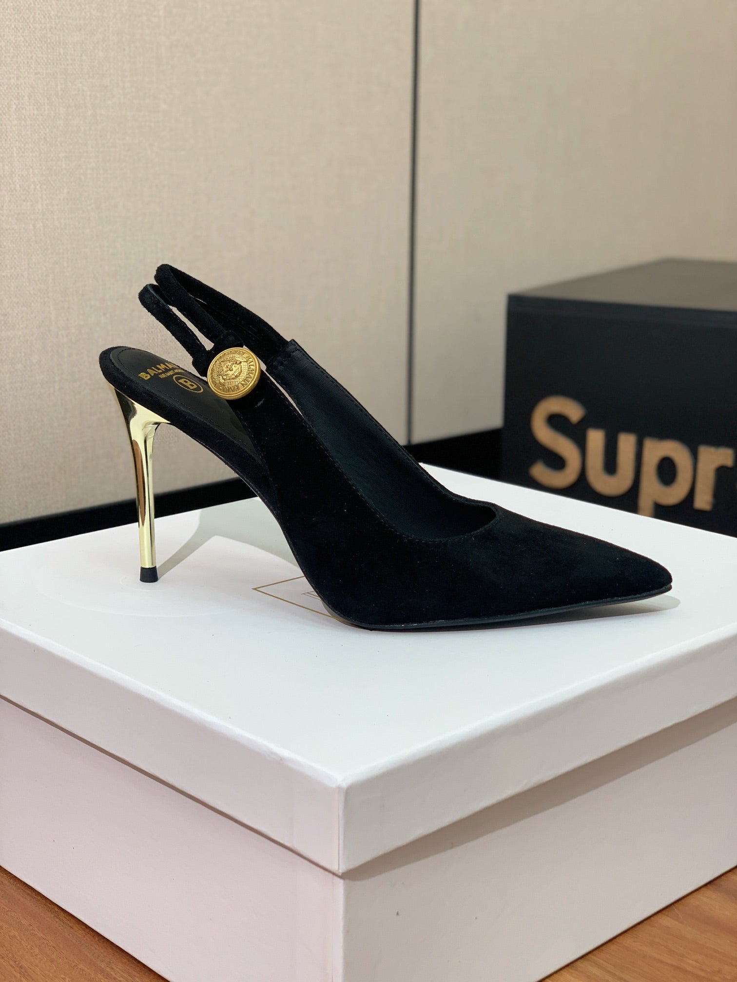BALMAIN 26S SLINGBACK 95 MM IN BLACK SUEDE