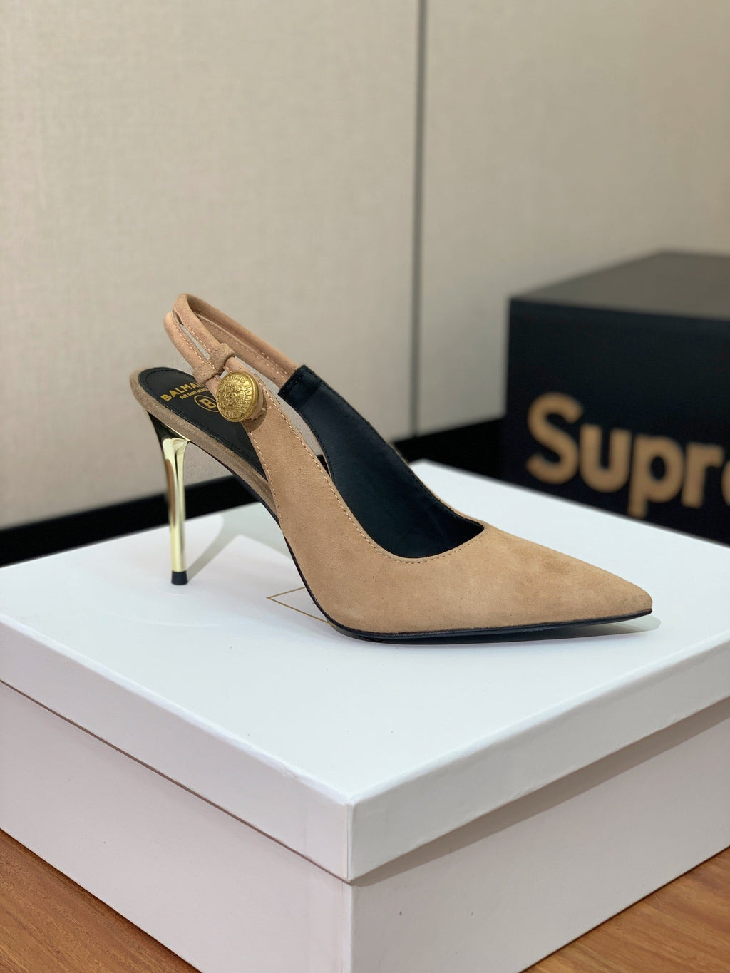 BALMAIN 26S SLINGBACK 95 MM IN LIGHT BROWN SUEDE