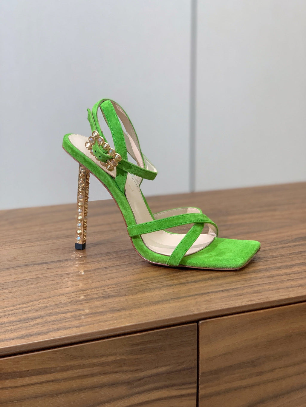 GIANVITO ROSSI 26S CRYSTAL HEELS 105 MM IN GREEN SUEDE