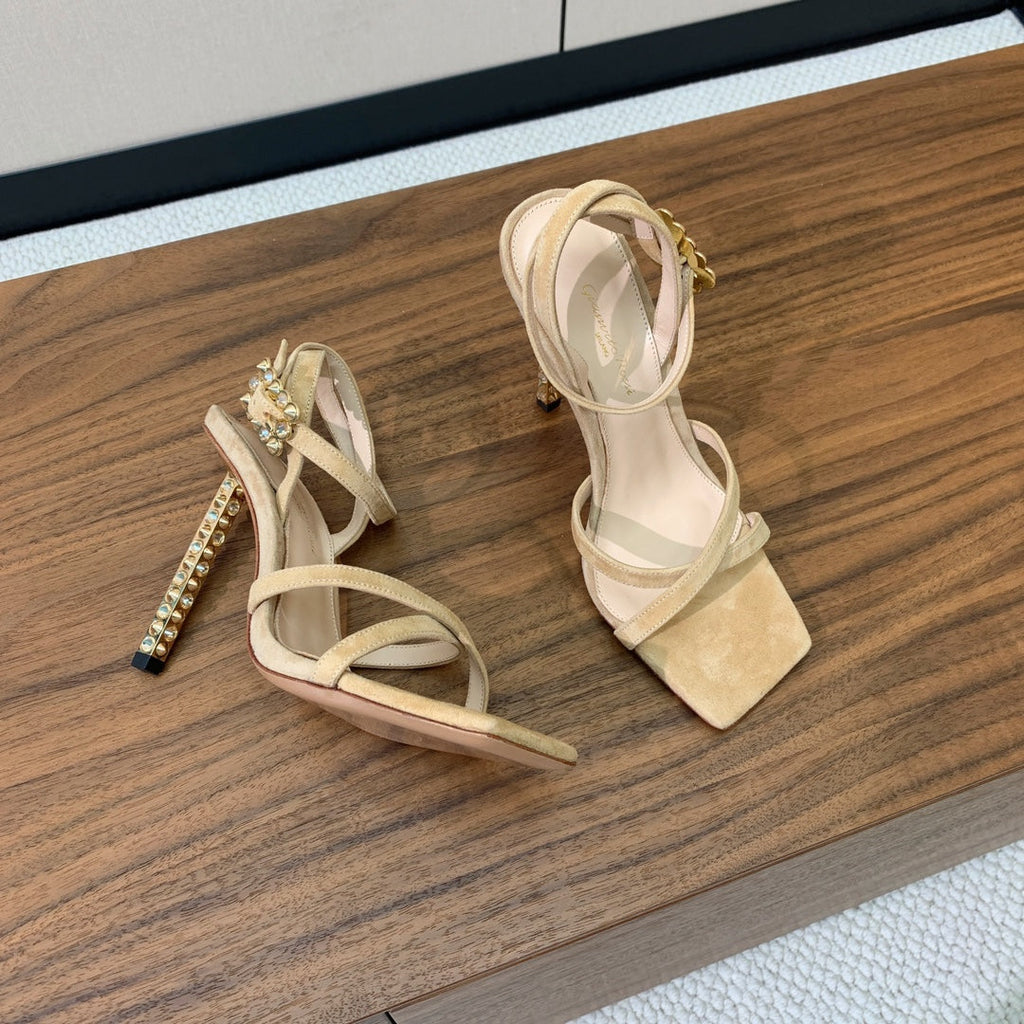 GIANVITO ROSSI 26S CRYSTAL HEELS 105 MM IN BEIGE SUEDE