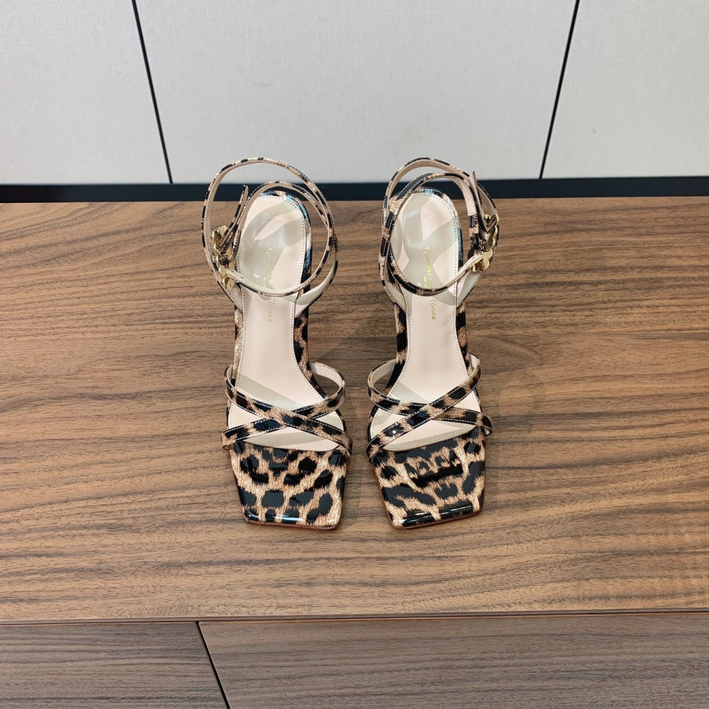 GIANVITO ROSSI 26S CRYSTAL HEELS 105 MM IN LEOPARD PRINT PATENT LAMBSKIN