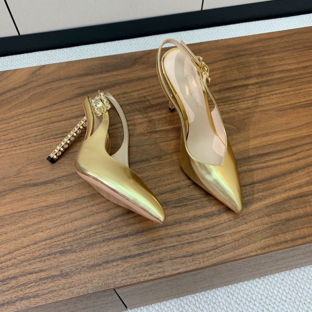 GIANVITO ROSSI 26S SLINGBACK HEELS 105 MM IN GOLD PATENT LAMBSKIN
