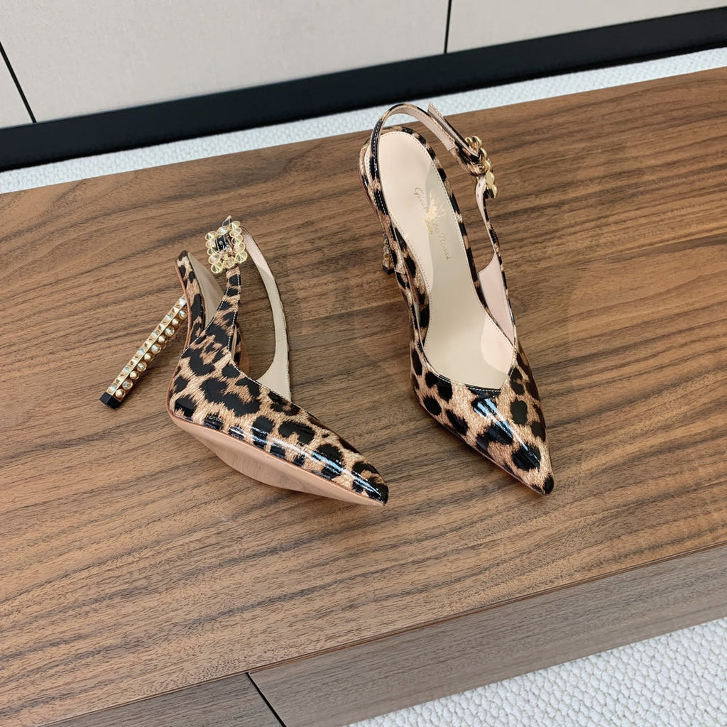 GIANVITO ROSSI 26S SLINGBACK HEELS 105 MM IN LEOPARD PRINT PATENT LAMBSKIN