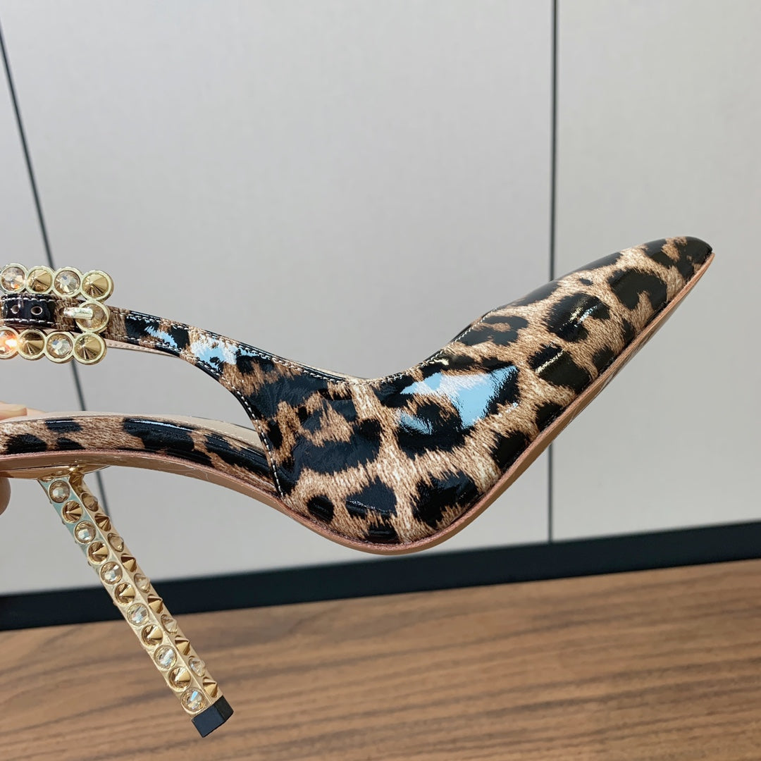 GIANVITO ROSSI 26S SLINGBACK HEELS 105 MM IN LEOPARD PRINT PATENT LAMBSKIN