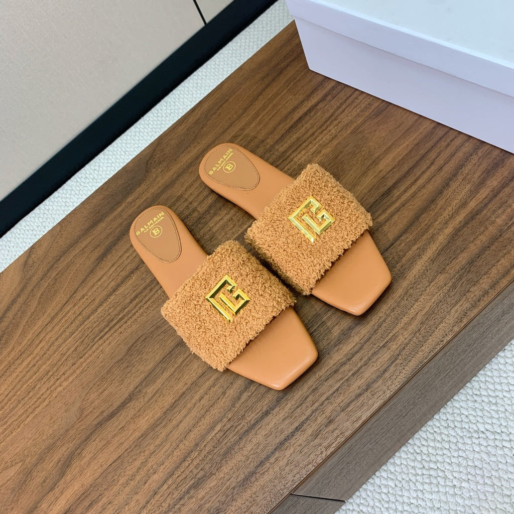 BALMAIN 26S SANDALS IN CAMEL BROWN WOOL AND CALFSKIN