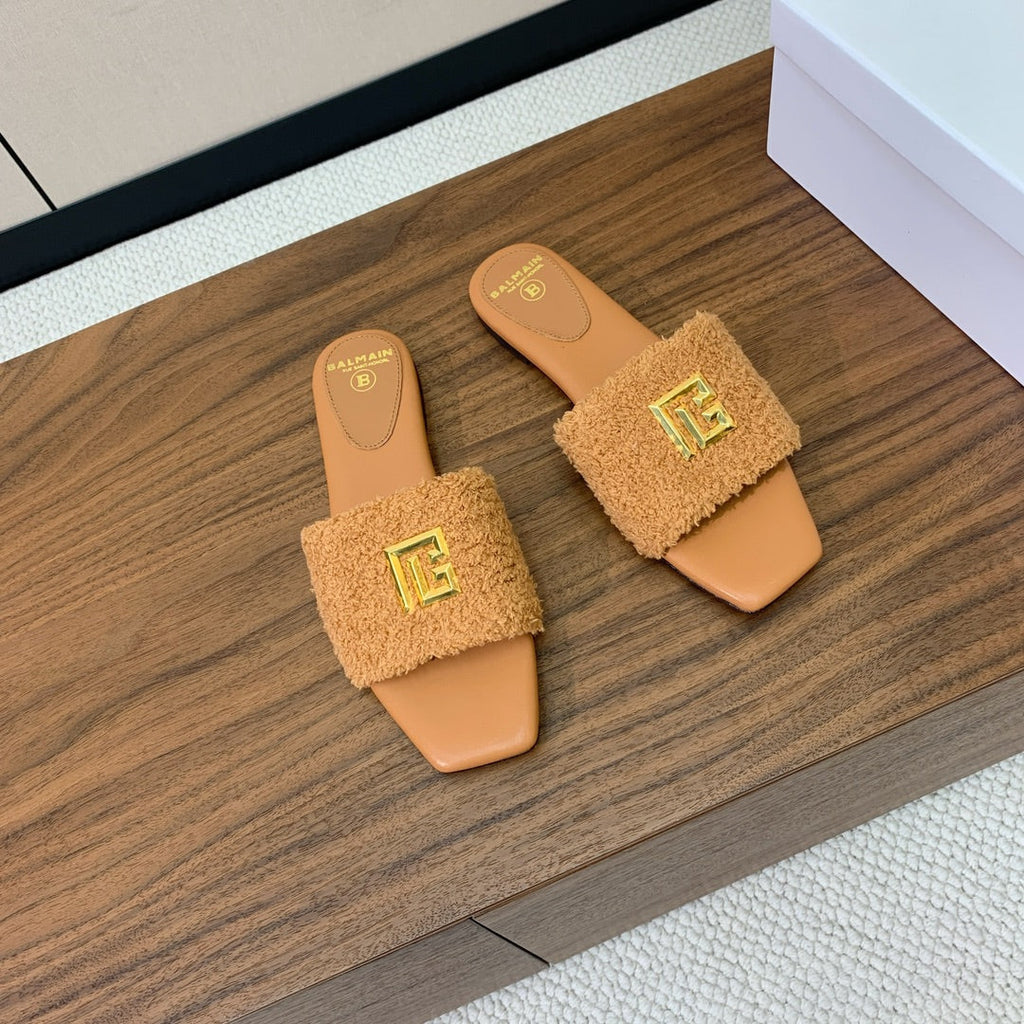 BALMAIN 26S SANDALS IN CAMEL BROWN WOOL AND CALFSKIN