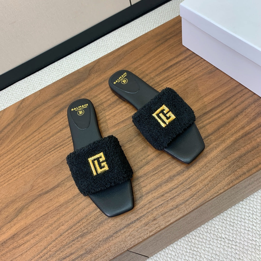 BALMAIN 26S SANDALS IN BLACK WOOL AND CALFSKIN