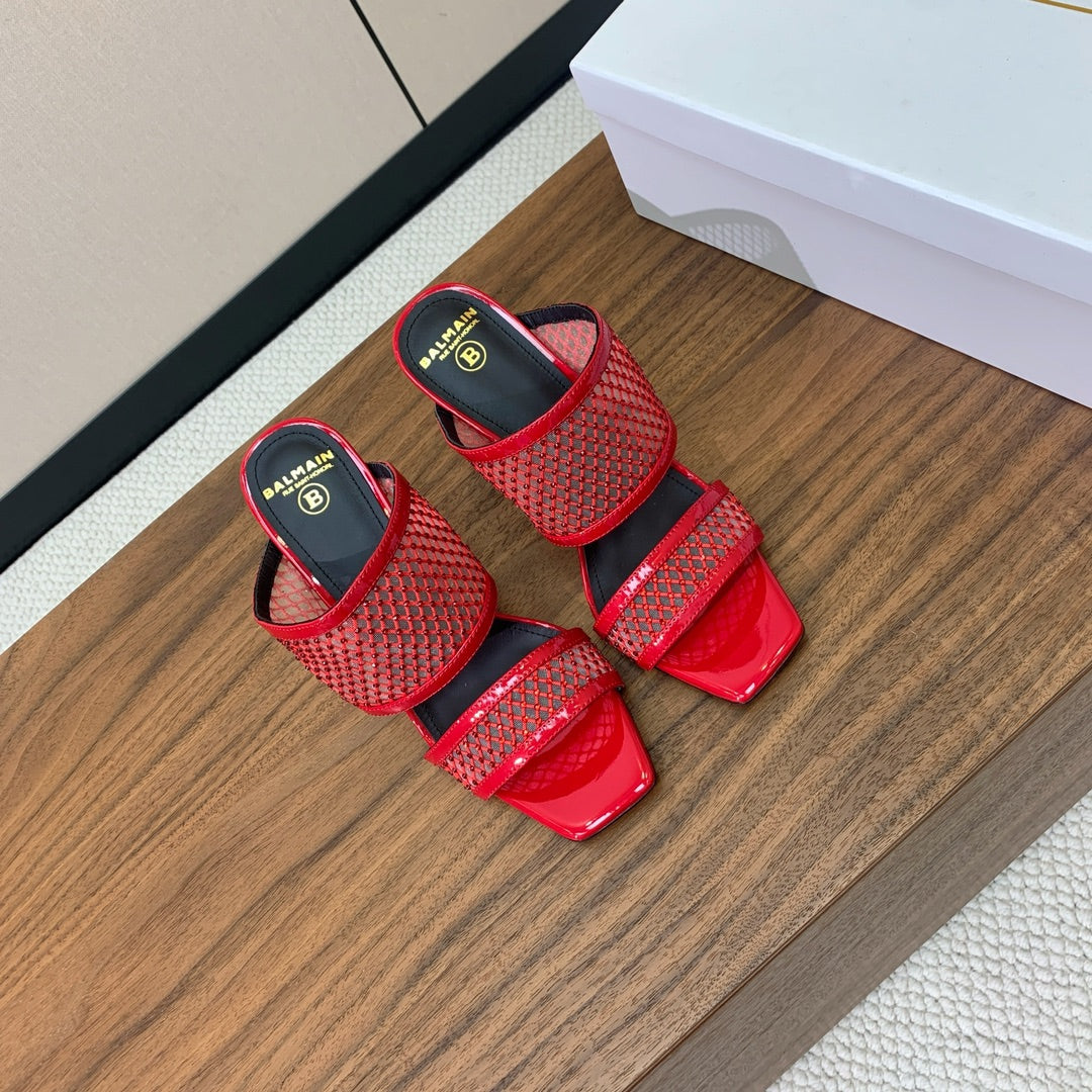 BALMAIN 26S HEEL SANDALS 95 MM IN RED MESH FABRIC WITH CRYSTAL EMBELLISHMENT