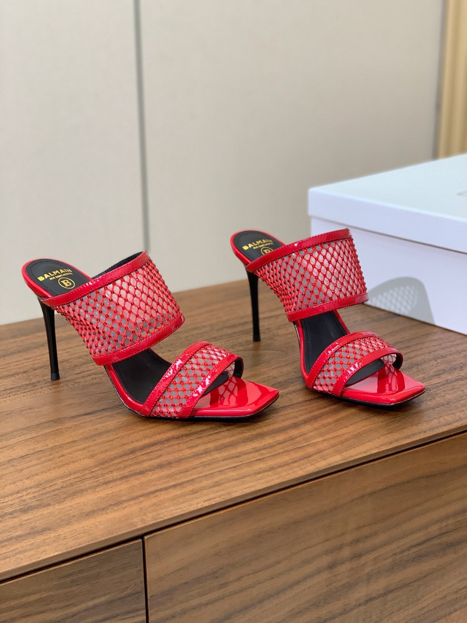 BALMAIN 26S HEEL SANDALS 95 MM IN RED MESH FABRIC WITH CRYSTAL EMBELLISHMENT