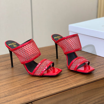 BALMAIN 26S HEEL SANDALS 95 MM IN RED MESH FABRIC WITH CRYSTAL EMBELLISHMENT