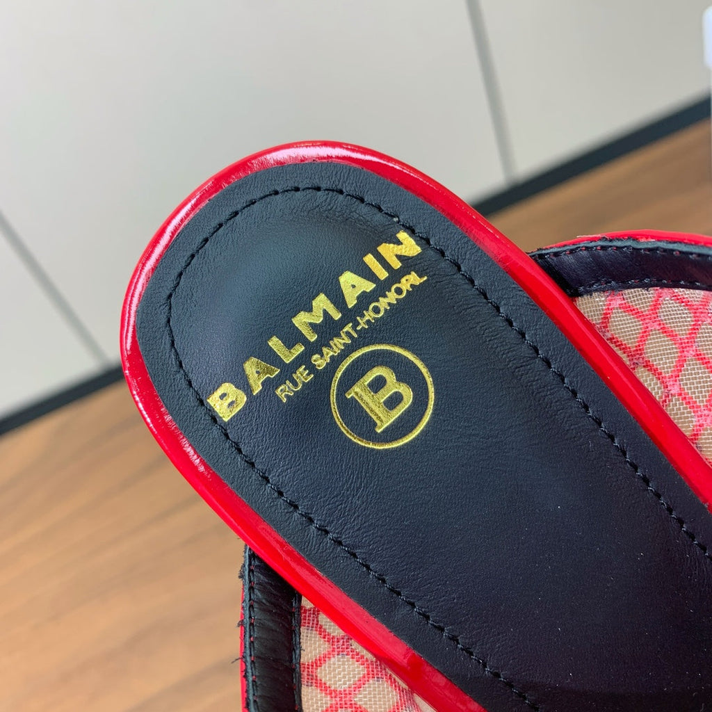 BALMAIN 26S HEEL SANDALS 95 MM IN RED MESH FABRIC WITH CRYSTAL EMBELLISHMENT