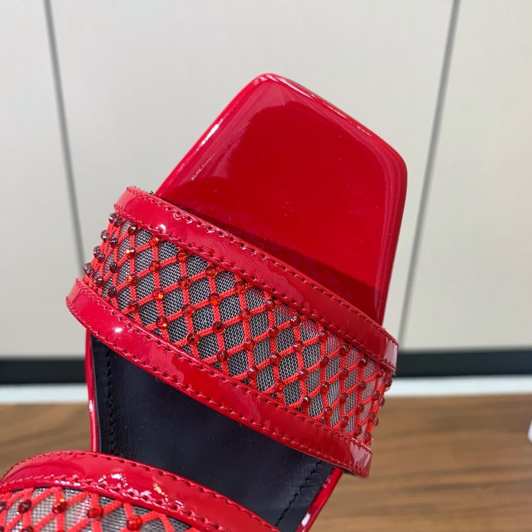 BALMAIN 26S HEEL SANDALS 95 MM IN RED MESH FABRIC WITH CRYSTAL EMBELLISHMENT