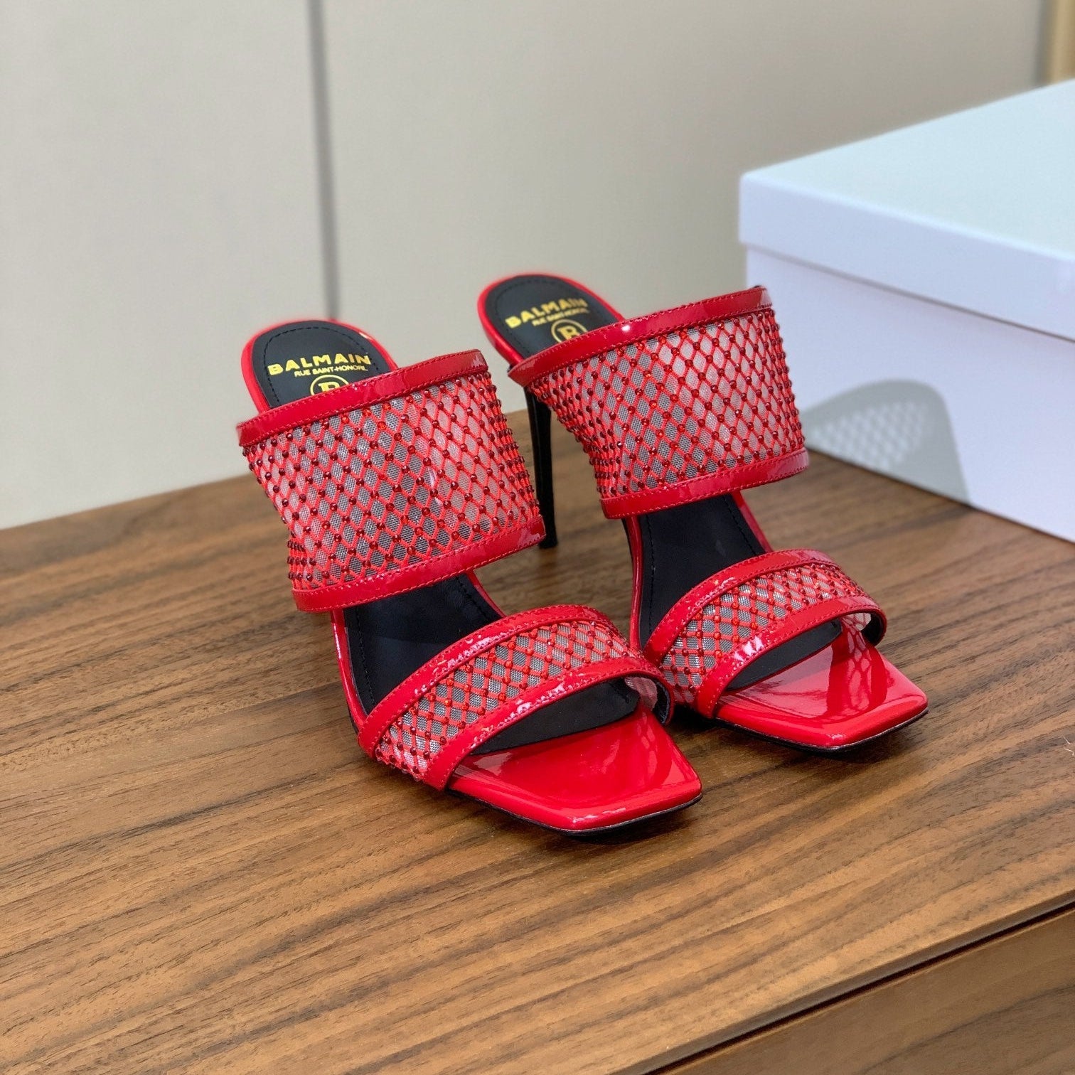 BALMAIN 26S HEEL SANDALS 95 MM IN RED MESH FABRIC WITH CRYSTAL EMBELLISHMENT