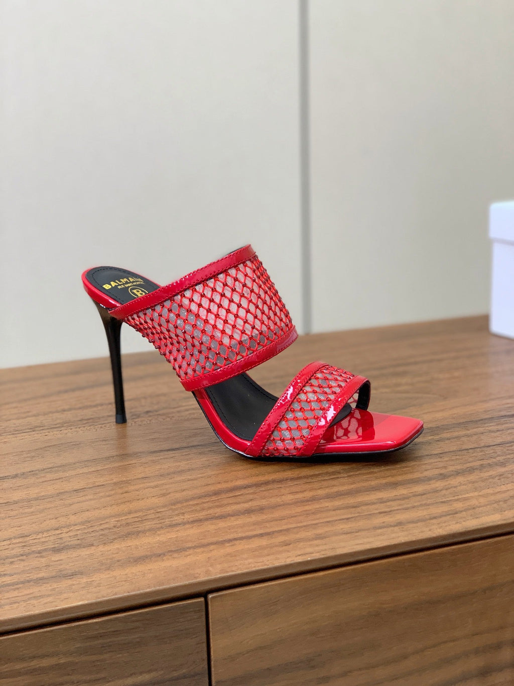 BALMAIN 26S HEEL SANDALS 95 MM IN RED MESH FABRIC WITH CRYSTAL EMBELLISHMENT
