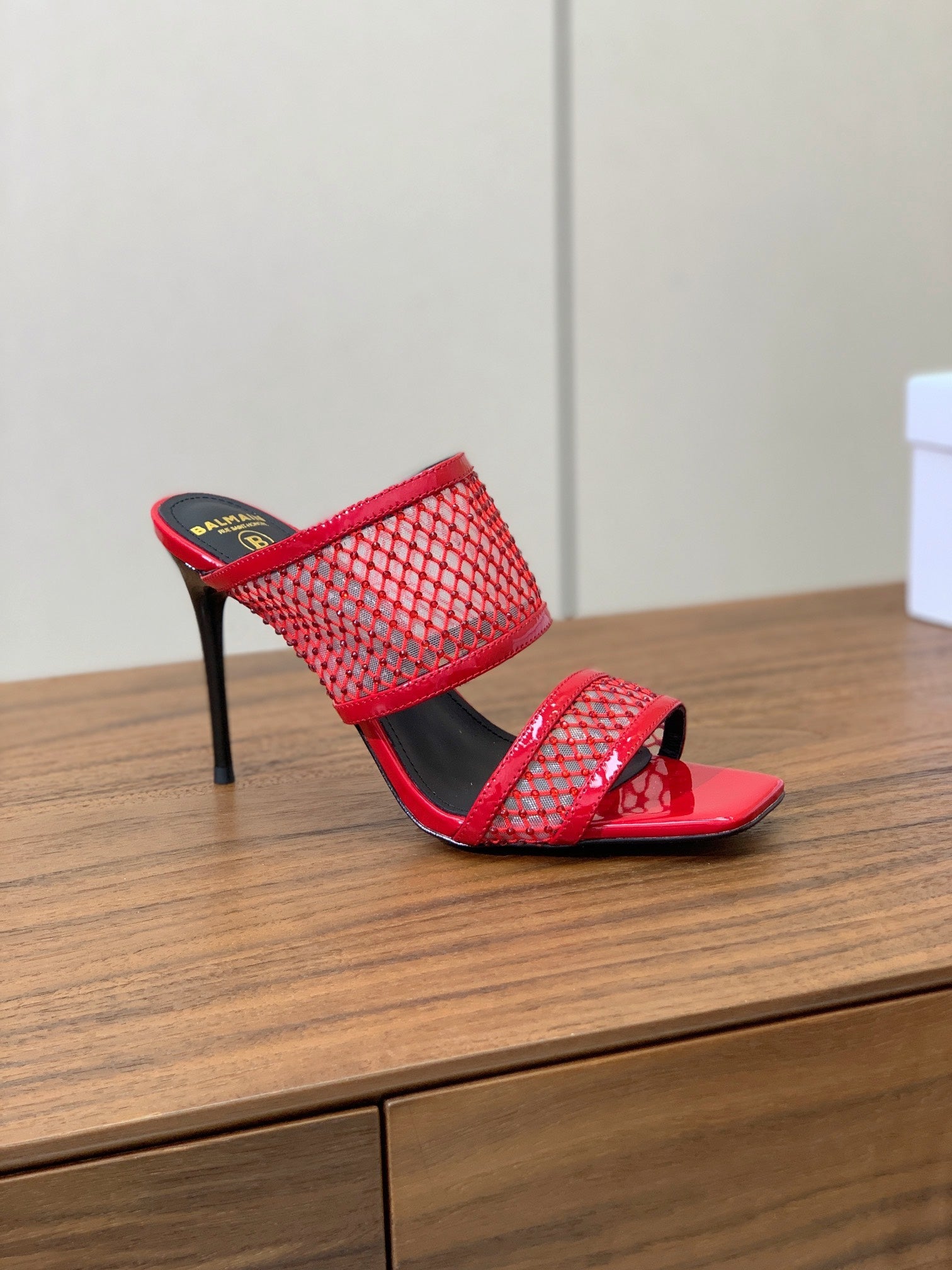 BALMAIN 26S HEEL SANDALS 95 MM IN RED MESH FABRIC WITH CRYSTAL EMBELLISHMENT